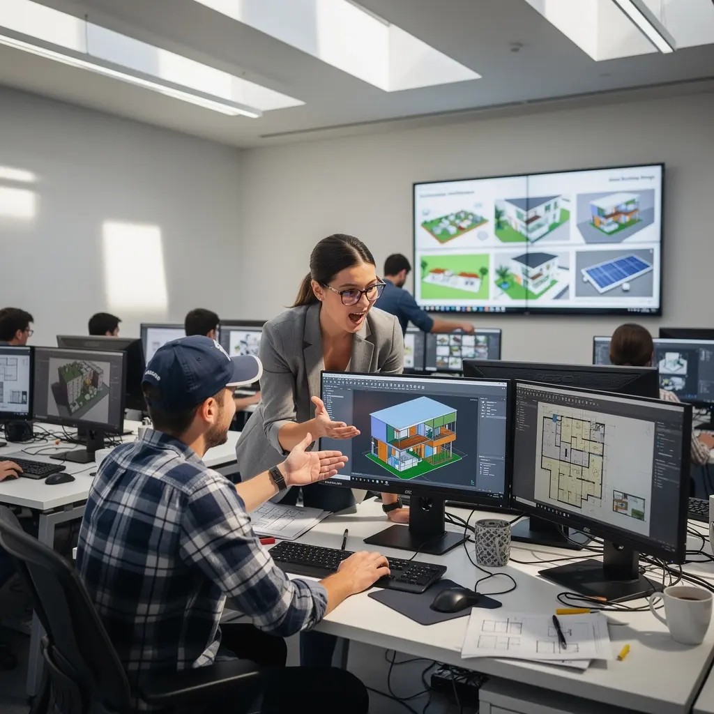 Eine Gruppe von Architekten, die an einem nachhaltigen Bauprojekt Ideen diskutiert.