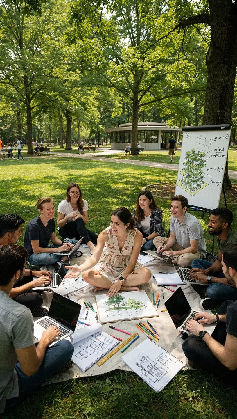 Ein Planungsdiagramm, das den Bauprozess von der Idee bis zur Umsetzung zeigt.