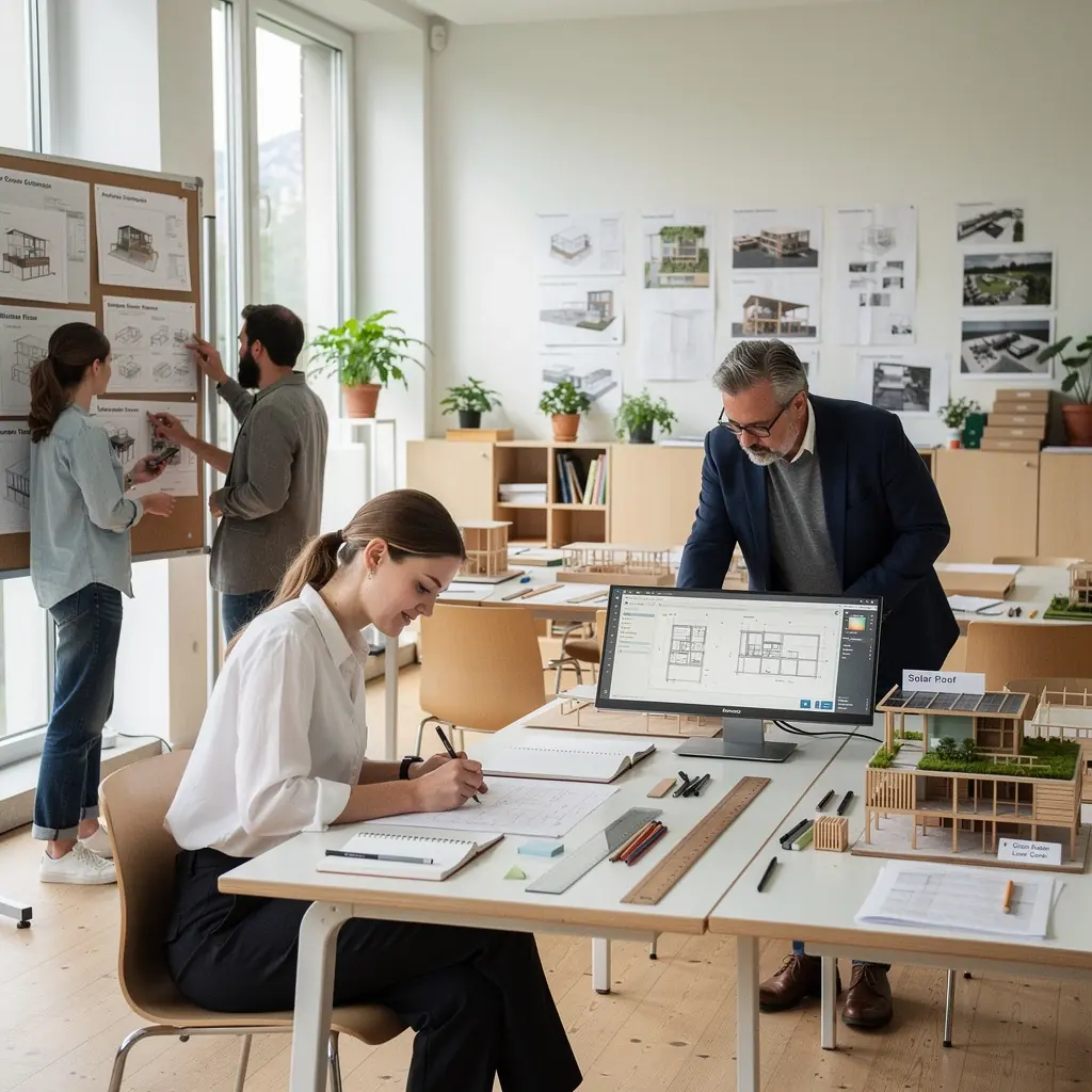 Ein Architekt, der an einem Computer technische Zeichnungen mit CAD-Software erstellt.