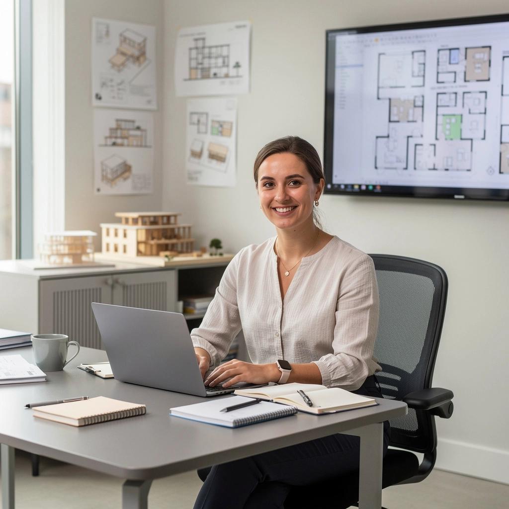 Eine Darstellung eines nachhaltigen Gebäudes mit grünen Dächern und Solarpanelen.